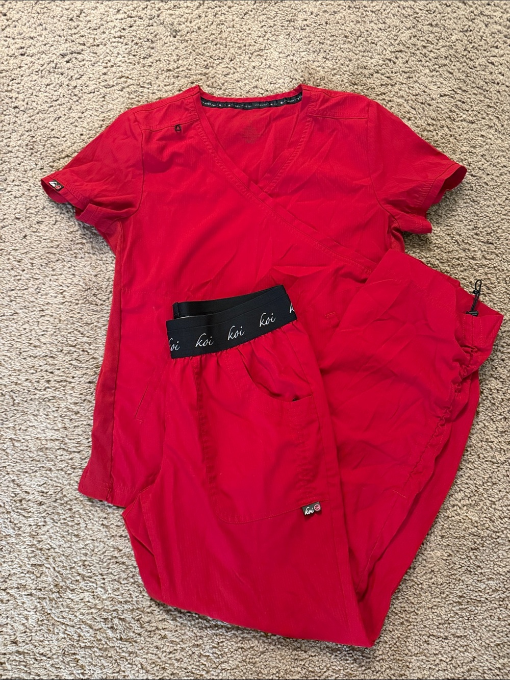 koi Red Medical Scrub Top and Pants Set